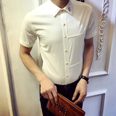 原创型男夏季男士短袖衬衫纯棉修身商务休闲潮流韩版青年衬衣寸衫