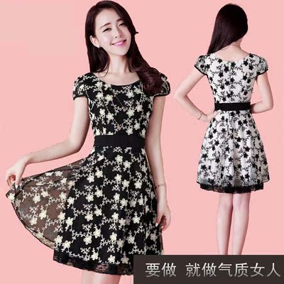2015韩版新款女装蕾丝连衣裙 大码夏季气质印花圆领短袖碎花裙子