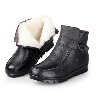 冬季新款真皮妈妈鞋羊毛靴子皮毛一体中老年坡跟短靴女保暖棉皮鞋