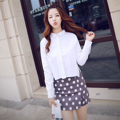 新款韩版秋冬长袖娃娃领白色短款衬衫学生打底衫棉麻衬衣女