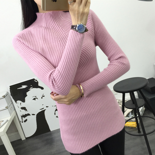 2016秋冬新款韩版修身打底衫纯色针织衫女装半高领短款套头毛衣