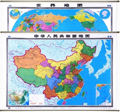 2016版中国地图挂图 世界地图 1.5X1.1米 共两幅 地图挂图 办公室 精装防水覆膜 整张无拼接 高端大气中华人民共和国地图 包邮正版