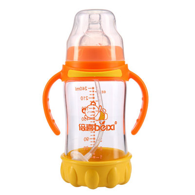 倍喜新生儿玻璃奶瓶防摔 耐高温宽口径奶瓶 带吸管婴儿奶瓶240ml