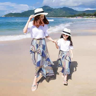 母女亲子装套装裙V领短袖t恤鱼尾半身裙两件套夏季女童海边度假装