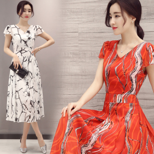 2016夏季新款韩版时尚修身显瘦气质印花中长款V领短袖连衣裙女潮