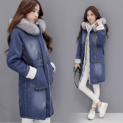 2016冬装新款牛仔羊羔毛外套女中长款韩国连帽修身显瘦加厚棉衣