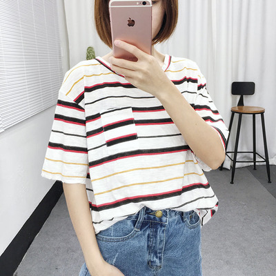 韩国东大门夏装新款双色条纹口袋韩版 百搭短袖t恤女