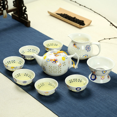 整套青花蜂窝玲珑茶具镂空茶杯陶瓷紫砂冰裂功夫茶具套装特价