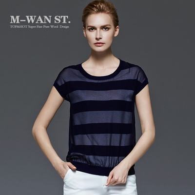 梅湾街2015夏季新款女装 圆领撞色条纹t恤衫天丝拼接雪纺体恤衫