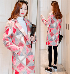 2015冬装新款韩版格子小香风提花茧型中长款毛呢外套羊毛大衣