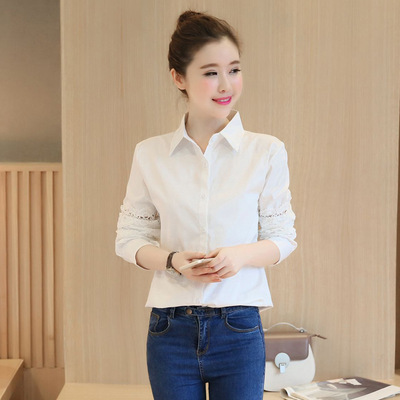 2016春秋新款韩国韩版宽松白色拼接蕾丝泡泡袖宫廷长袖衬衫