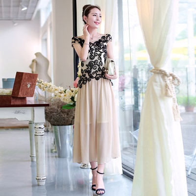 热卖2014夏季韩版时尚修身气质盘花刺绣蕾丝珍珠雪纺假两件连衣裙