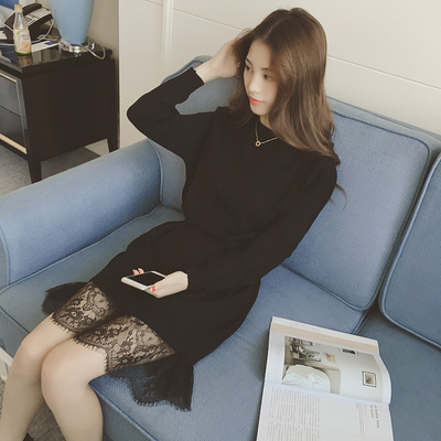 2016秋装新款女装修身针织拼接蕾丝裙子韩版中长款长袖显瘦连衣裙