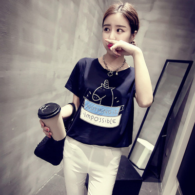 2016夏季新款韩版女装宽松大码卡通印花上衣打底衫女衬衫女T恤女