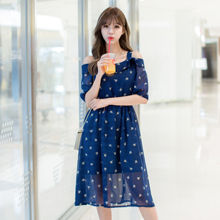 韩国雪纺连衣裙 2016夏季修身显瘦宽松短袖吊带中长裙小清新女装