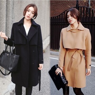 2016秋冬新款女装韩版时尚修身显瘦系带中长款呢子外套