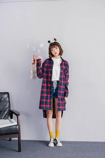 森系学院2016春季时尚韩版长袖衬衫女中长款格子宽松衬衣