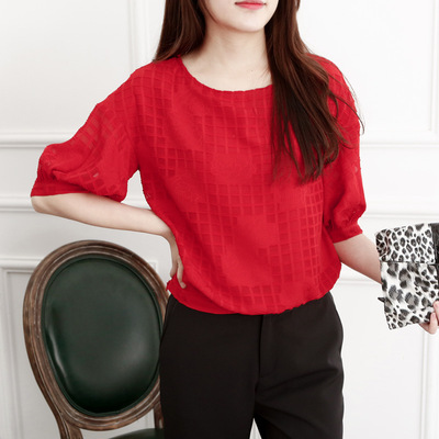 2016春季新款韩版女式红色提花泡泡中袖衬衫 套头格子雪纺上衣
