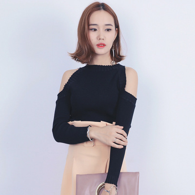 2016秋季女韩版新款露肩针织衫纯色显瘦修身套头圆领镂空毛衣