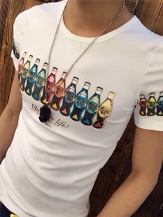 2015夏装新款 个性可乐印花圆领弹力棉短袖T恤 潮男装韩版修身