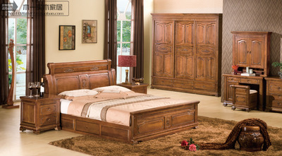卧室实木雕花大床1.8米香樟木双人床 带抽屉储物婚床 床头柜 特价