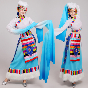 新款藏族舞蹈演出服装水袖女成人长裙大摆裙修身广场舞西藏表演服