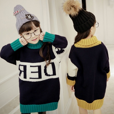 2-8岁韩国童装儿童女童纯色粗线厚实高领针织毛衣中长款加厚线衣