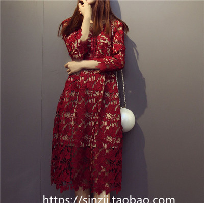 夏秋女装v领高腰中袖名媛镂空气质礼服重工蕾丝红色连衣裙中长款