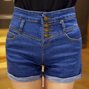新款韩国排扣高腰牛仔短裤女夏学生显瘦休闲弹力修身卷边热裤潮