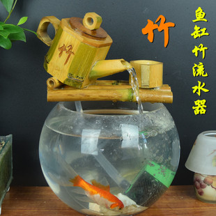 玻璃鱼缸竹子流水过滤器创意桌面摆件竹筒水循环加湿器鱼池装饰
