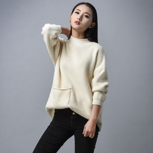 2015冬季新款休闲毛衣女中长款粗毛线宽松套头半高领打底衫羊毛衫