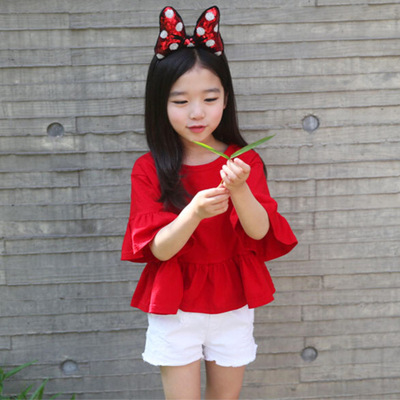 2016新款韩版童装大红色喇叭中袖上衣儿童纯棉T