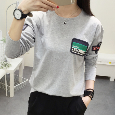G706 秋季韩版2016新款字母刺绣贴布圆领长袖T恤打底衫女套头衫