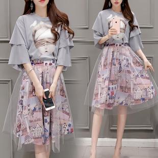 2016夏季新款女装韩版印花雪纺裙子短袖连衣裙女中长款宽松套装裙