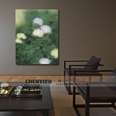 中式水墨花朵绿色植物挂画书房茶楼餐厅包厢墙画定做消防栓遮挡画