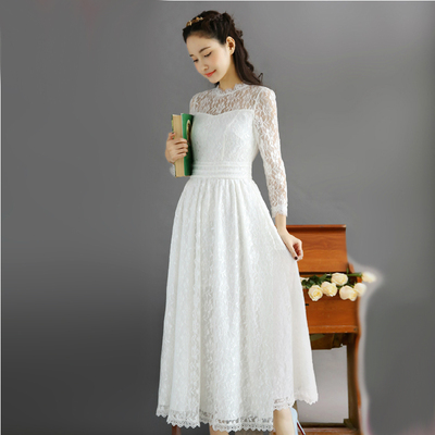 2015初秋新款 优雅公主蕾丝 网纱 长款修身连衣裙女白色