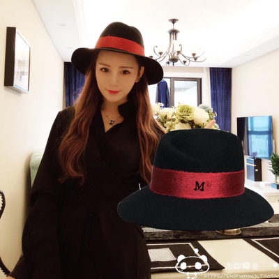 2017韩版新款亮色丝带绒毛毛呢礼帽爵士帽女士帽子休闲时尚单黑标