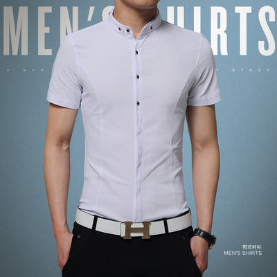 夏季休闲韩版亚麻短袖衬衫男薄款纯色弹力商务立领时尚修身衬衣男
