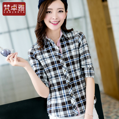 格子衬衫女春2015新韩版长袖中长款修身方领休闲拼接格纹衬衣大码