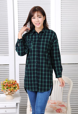 2015秋季新品韩版女装秋装格子外穿衬衫女长袖中长款宽松打底衬衫