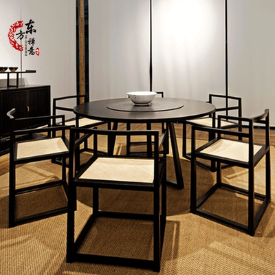 实木餐桌椅组合 大小户型家具定制 中式简约酒店圆形旋转盘饭桌子