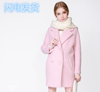 糖力 2016冬装新品欧美 粉色翻领中长款羊毛毛呢外套大衣女
