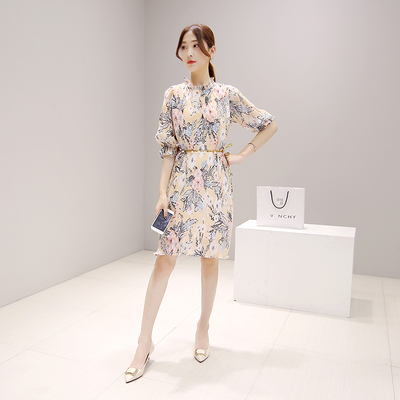 2016夏装韩版新款修身显瘦气质淑女短袖碎花雪纺系带连衣裙女装