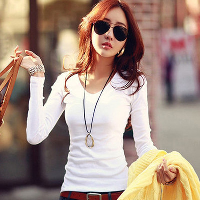 2016秋装新款韩版女装修身显瘦打底衫纯色大码长袖V领T恤上衣