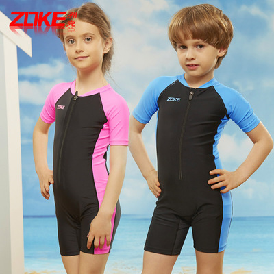 ZOKE专业儿童泳衣 连体平角短袖男女童中大童青少年训练学游泳衣