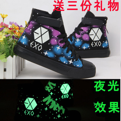 2015春季新款EXO鞋子魔术贴加棉加厚夜光手绘帆布鞋女学生棉鞋子