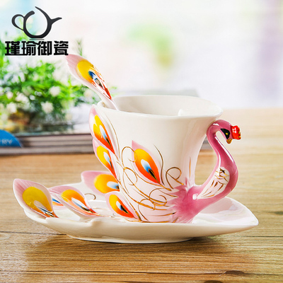 瑾瑜御瓷景德镇陶瓷杯子 个性创意孔雀杯 水杯咖啡杯牛奶杯珐琅杯