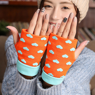 A347 韩版针织加厚保暖冬季爱心印花露指手套办公打字半指手套