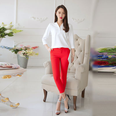 2015韩版秋季休闲套装女士七分袖雪纺衬衫上衣时尚修身长裤2件套