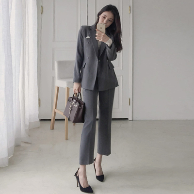 2016秋冬季韩版女装时尚西服套装灰色长袖上衣长裤两件套